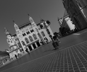Black and white view of a historic plaza and patterned paving